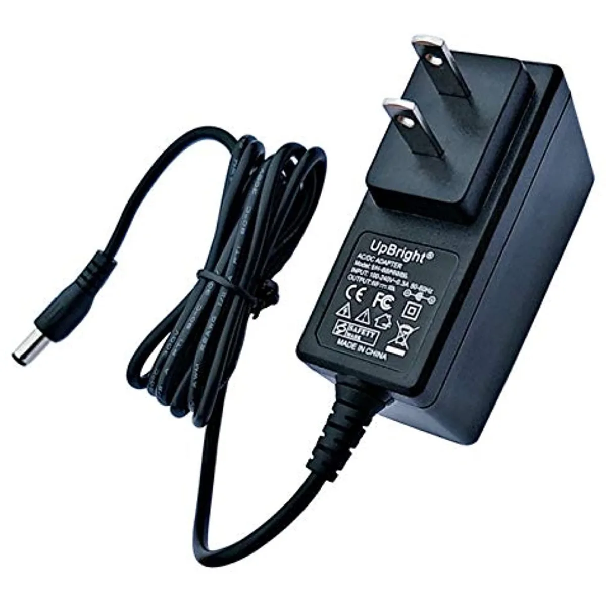 Black rectangular 12V 1A power adapter with integrated wall plug and DC output cable