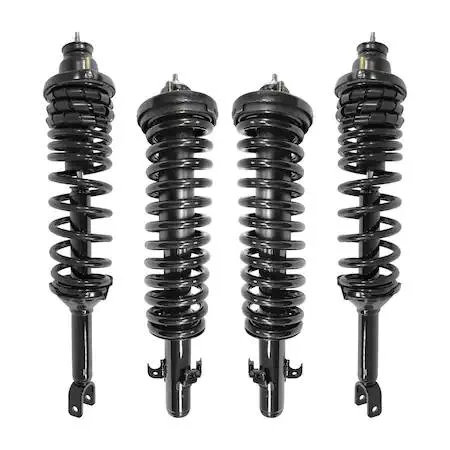 Four silver strut assemblies with coiled springs and mounting plates