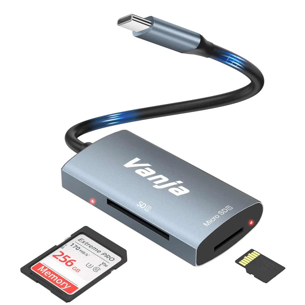Compact USB-C SD and microSD card reader with matte finish