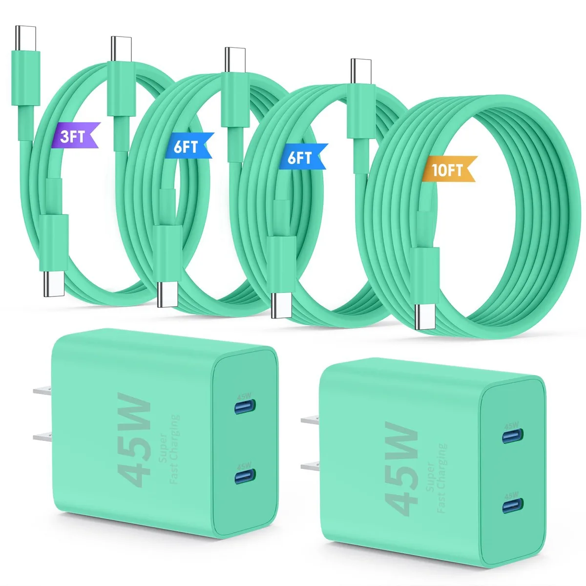  QZIIW ZYH-J505 45W dual-port USB charger green 2-pack with 10ft 60W cable — product photo