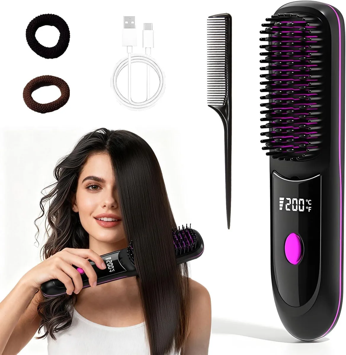  Ameilika Cordless Hair Straightener Brush Pro Black 20s 160°C 180°C 200°C USB-C 30min — product photo