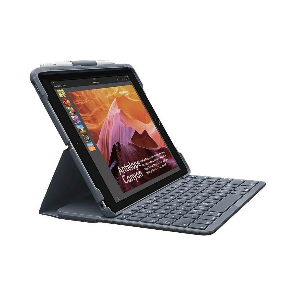 Black folio keyboard case for 9.7 inch iPad with integrated Bluetooth keyboard and Apple Pencil holder
