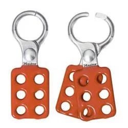 Red aluminum lockout hasp, 1-1/2 by 4-3/8 inches, holds six padlocks