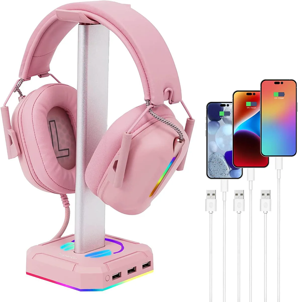 Pink aluminium headphone stand with RGB lighting, rubber base, three USB ports, 10.5 inches tall