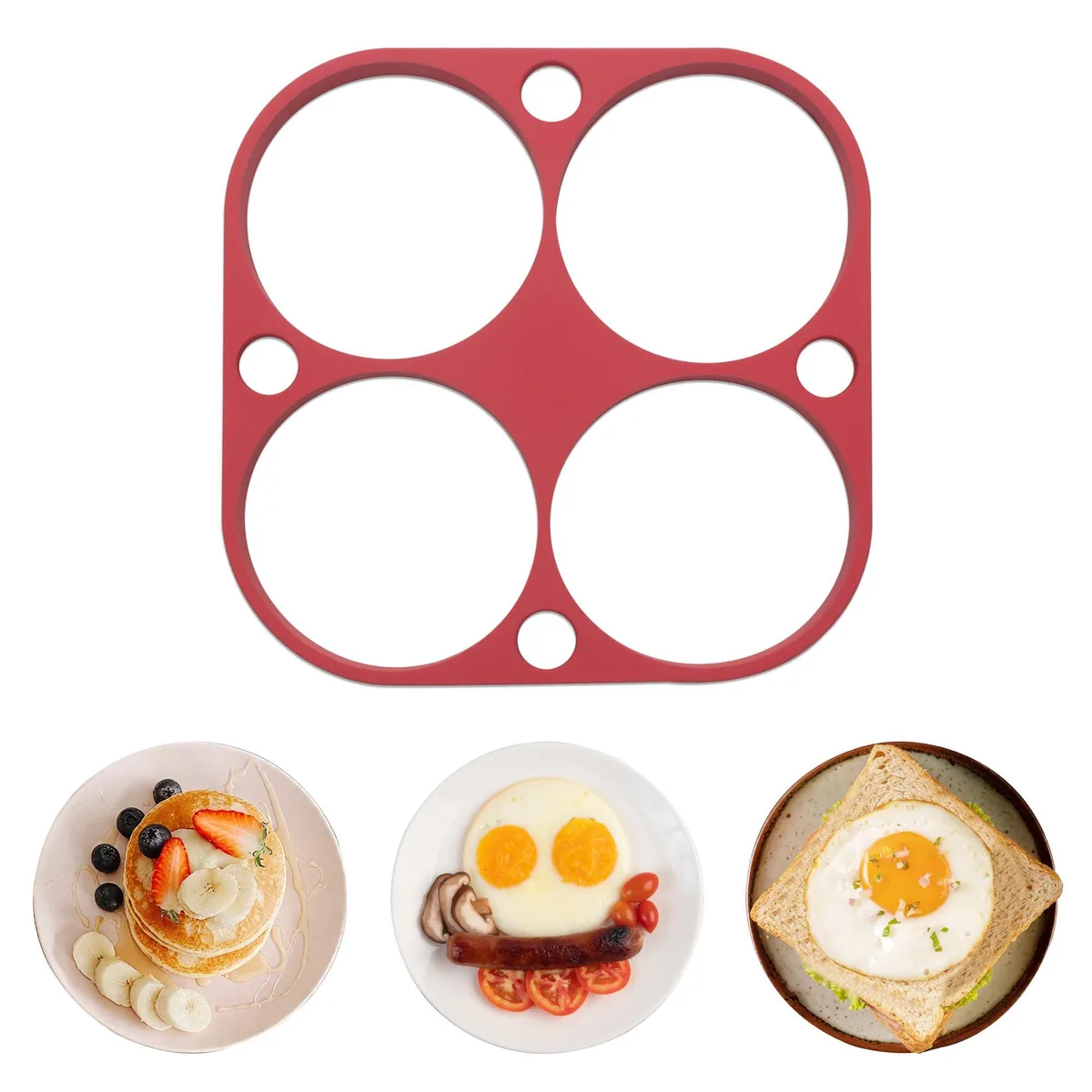Four red silicone egg rings with checkered design, 1½ inches diameter