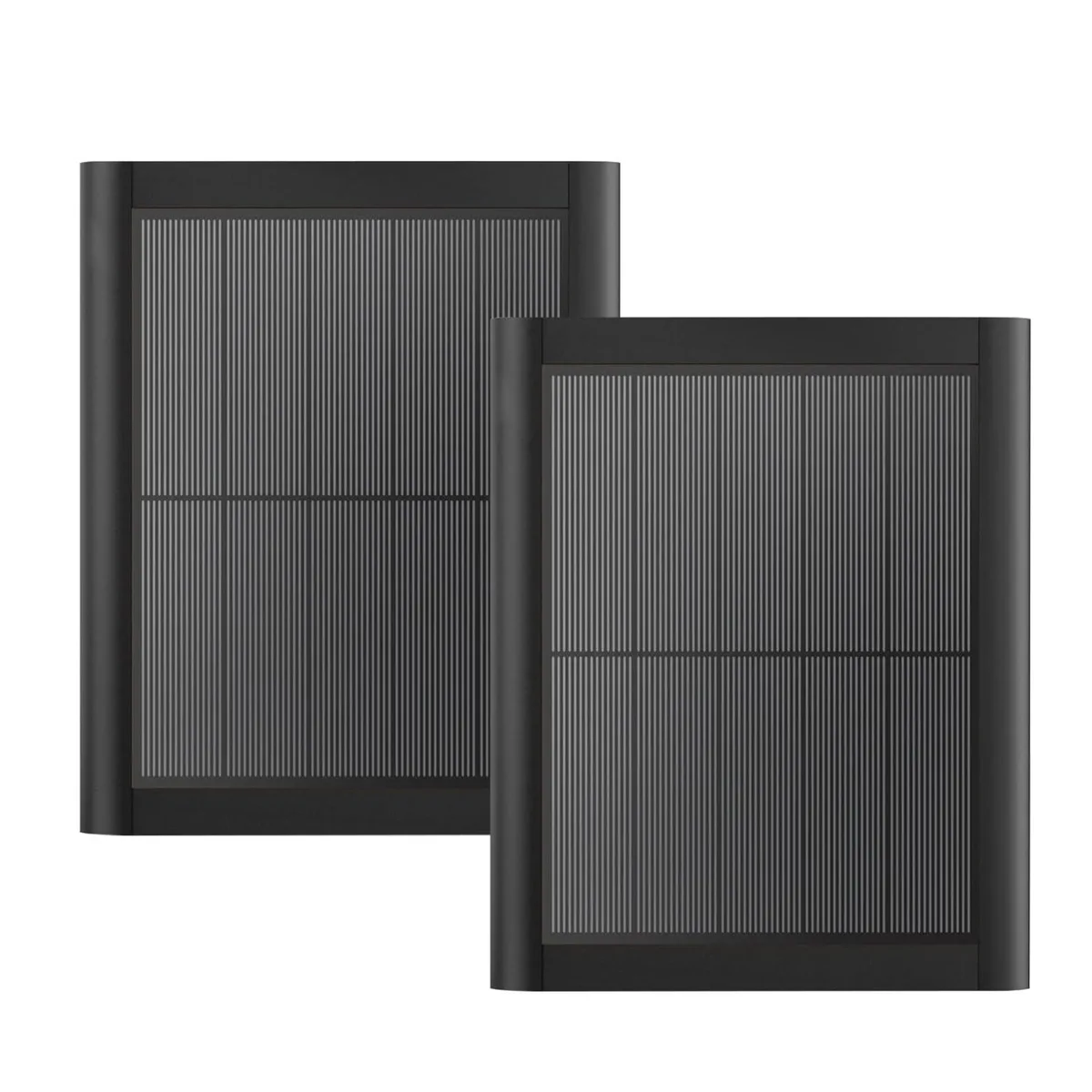Two matte black rectangular solar panels with mounting brackets and long cables