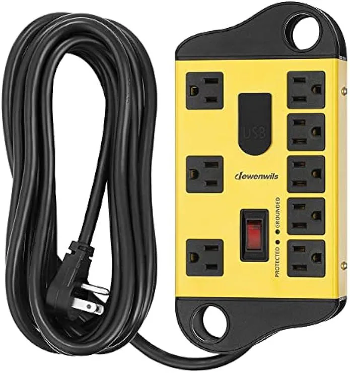 Metal surge protector strip with eight AC outlets two USB ports and a long flat-plug cord