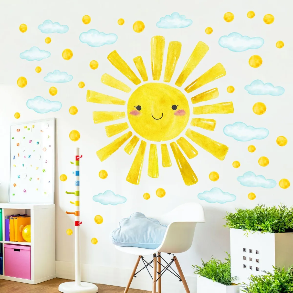 Twelve glossy vinyl sheets with smile sun, cloud and polka-dot designs, each 30 by 40 cm