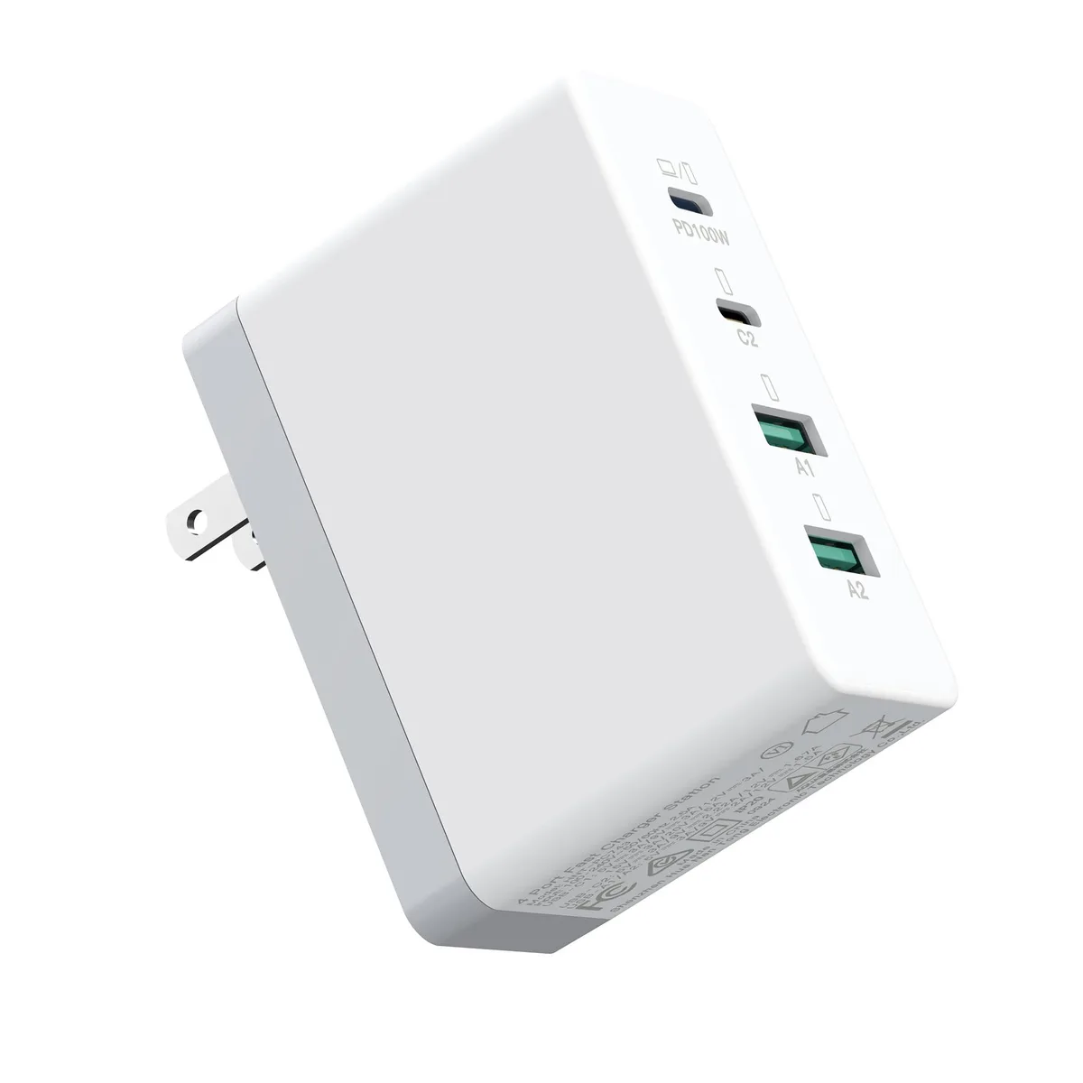 White rectangular GaN charger block with four USB-C ports
