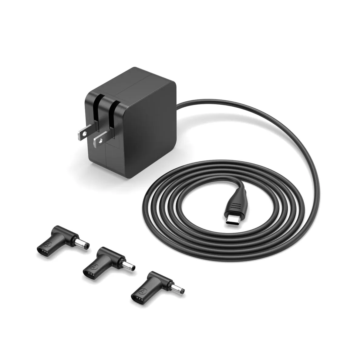 Black rectangular USB-C power adapter with detachable cable and interchangeable tips