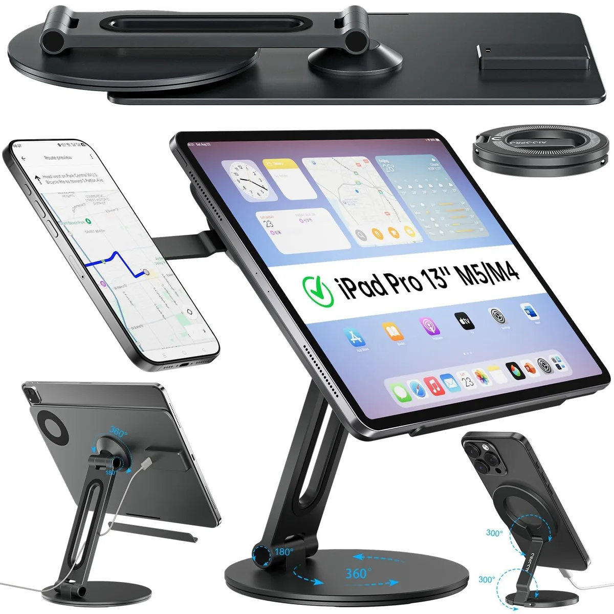 GSM Outdoors GSM Outdoors 2 in 1 Magnetic Stand iPad Pro 13 M4 M5 iPhone 12-17 18W 360 Rotating 180 Foldable Aluminum — product photo