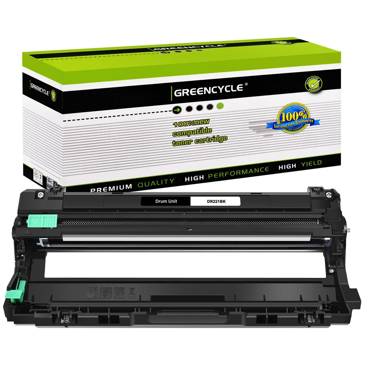 Black drum unit in rectangular plastic housing, green circuit board visible, Brother DR221 replacement