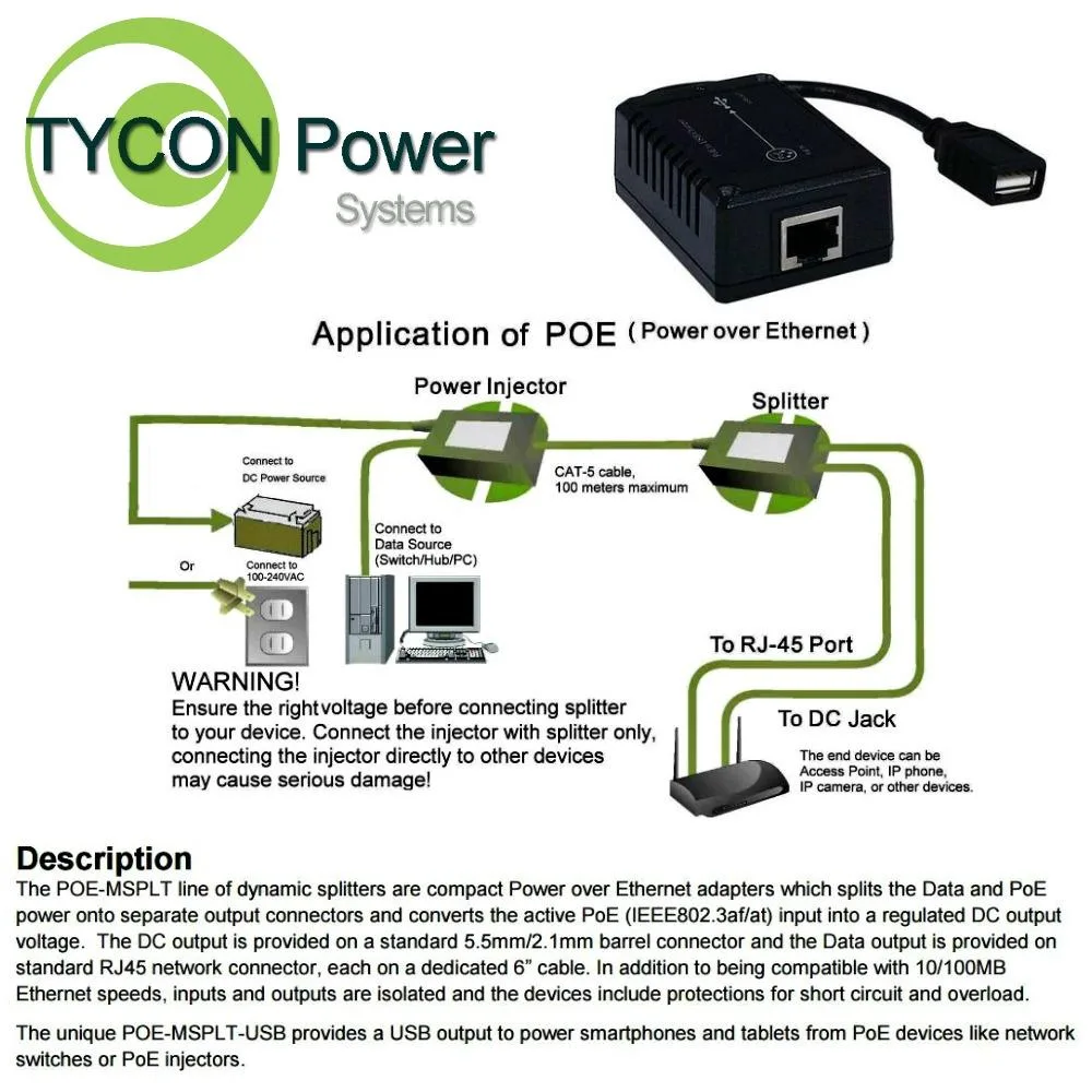 Tycon Power Systems Tycon Power Systems POE-MSPLT-USB 802.3af/at 48V PoE to USB 15W — product photo