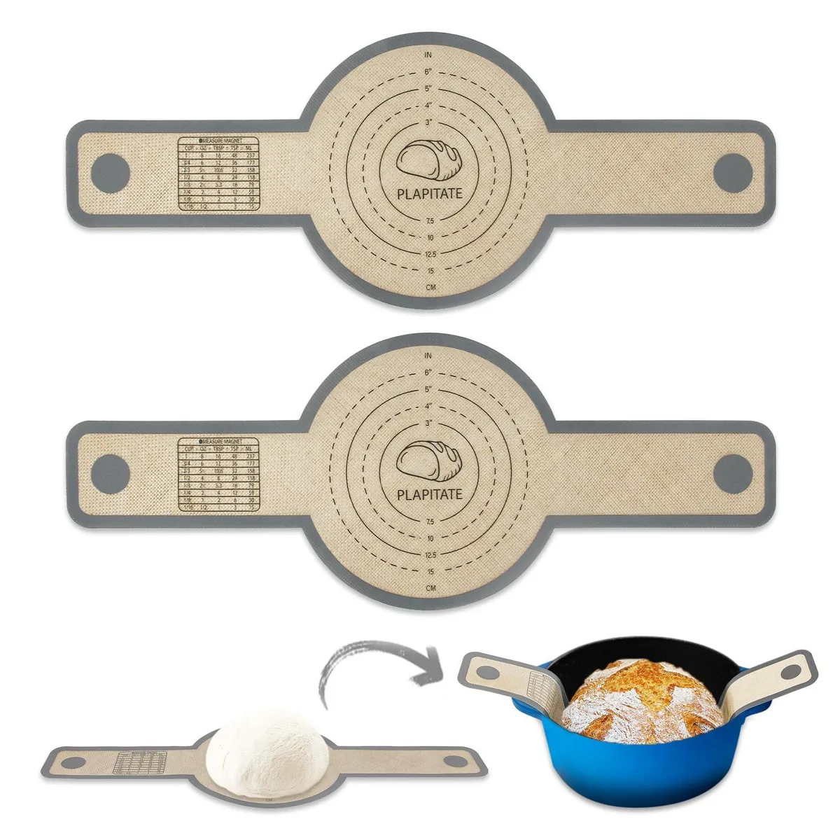 Two round silicone baking mats with long handles, folded flat