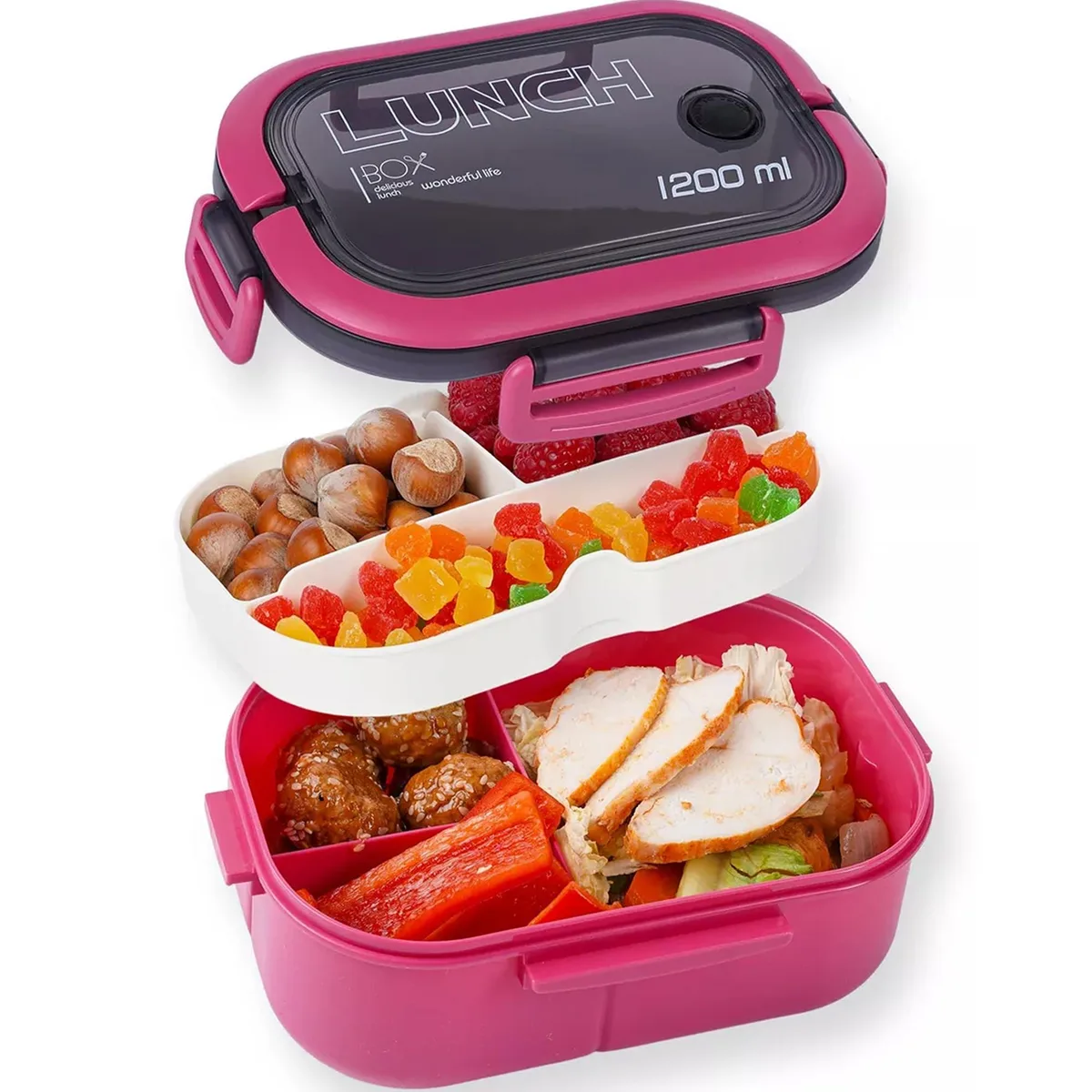Beige double-layer bento box with handle and cutlery