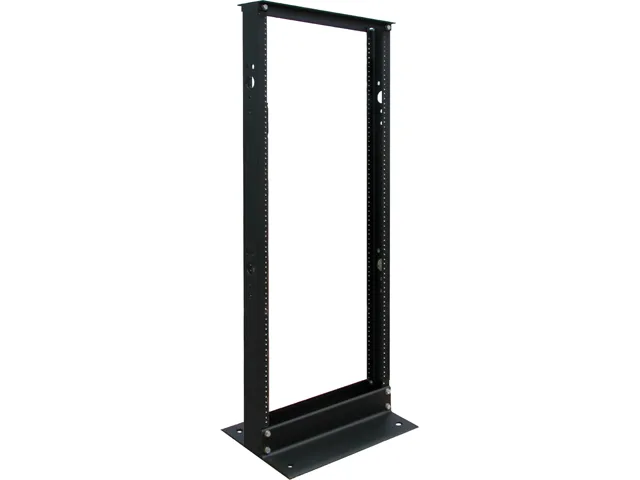 Black aluminum 25U 2-post open frame rack with threaded numbered holes and toolless button holes