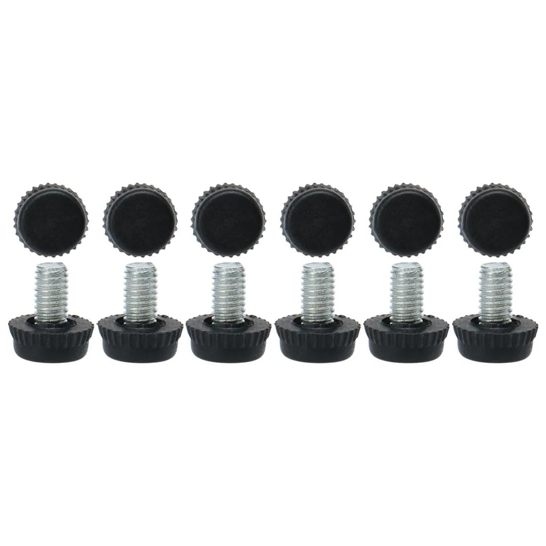 Twelve M6 adjustable leveling feet with plastic bases, 10mm screw length, 15mm base diameter