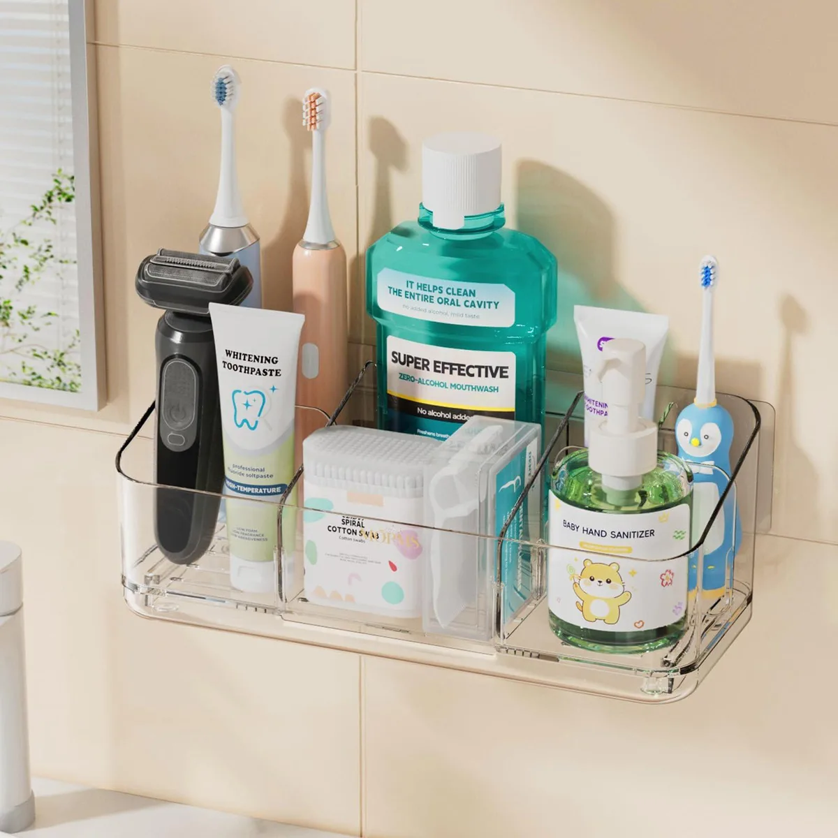 Transparent bathroom organiser with eight slots and removable dividers