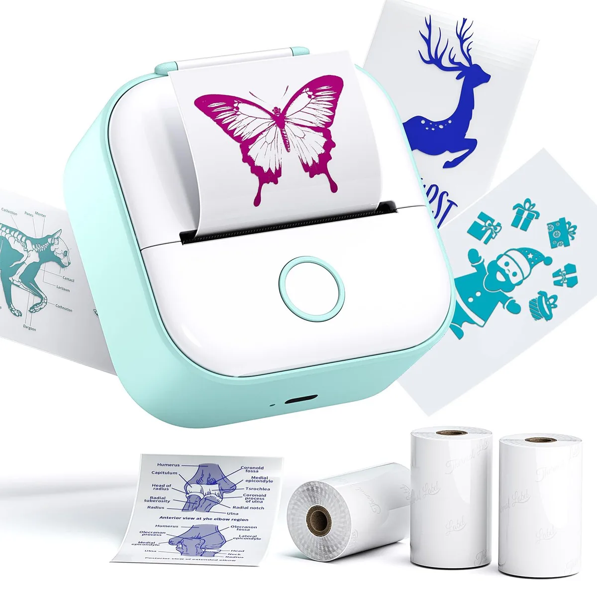 Compact green thermal label printer with paper roll, 11.5 by 8.8 by 8.3 cm