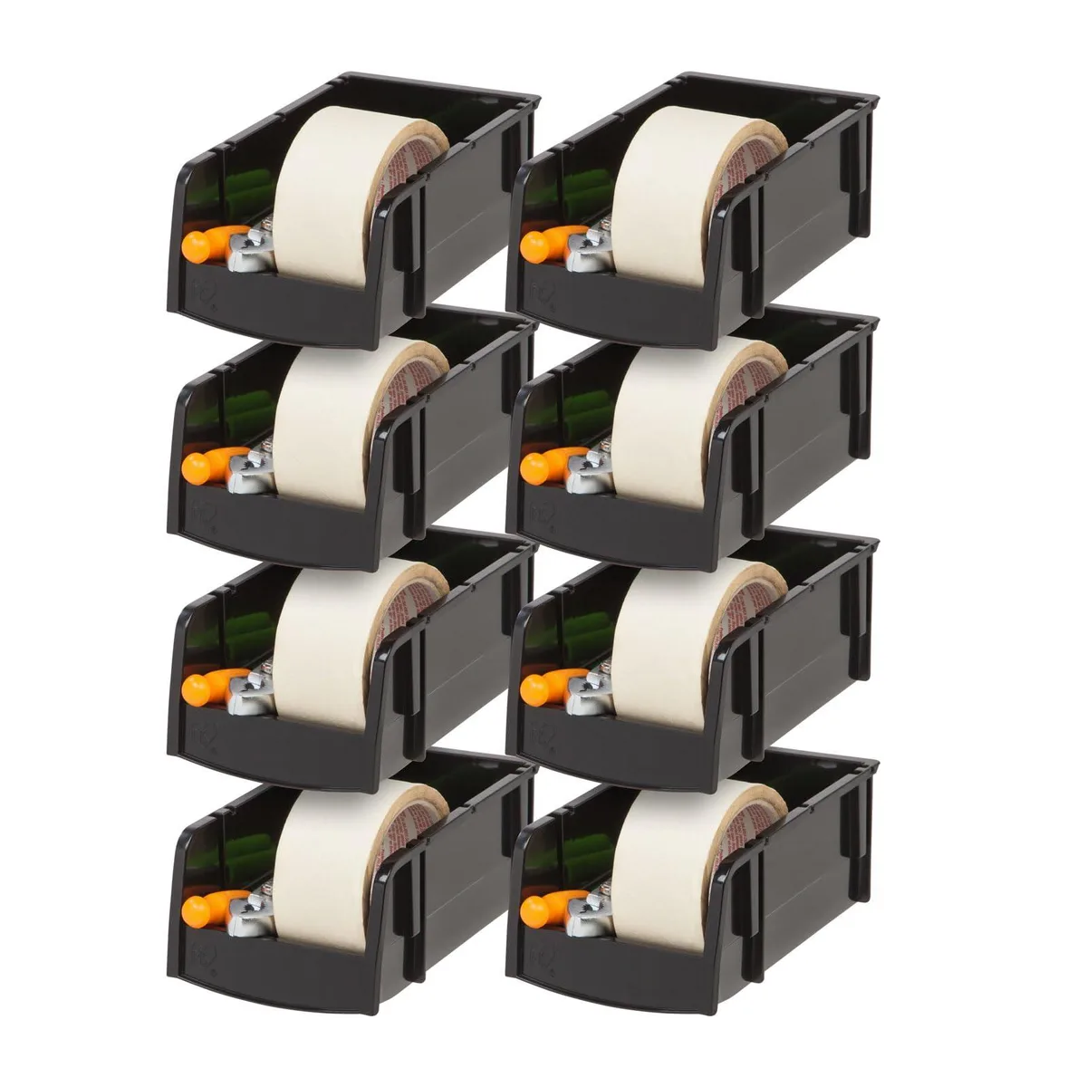 Eight black stackable bins with open fronts, 7.5 by 4.5 by 3.0 inches