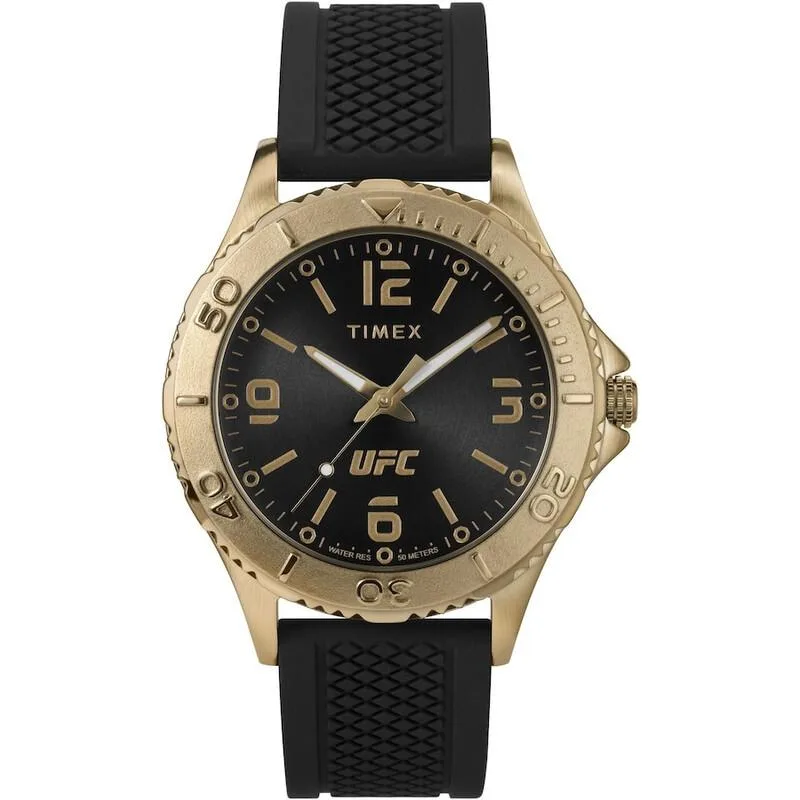 Gold-tone 42 mm case, black dial with luminescent hands, black rubber strap