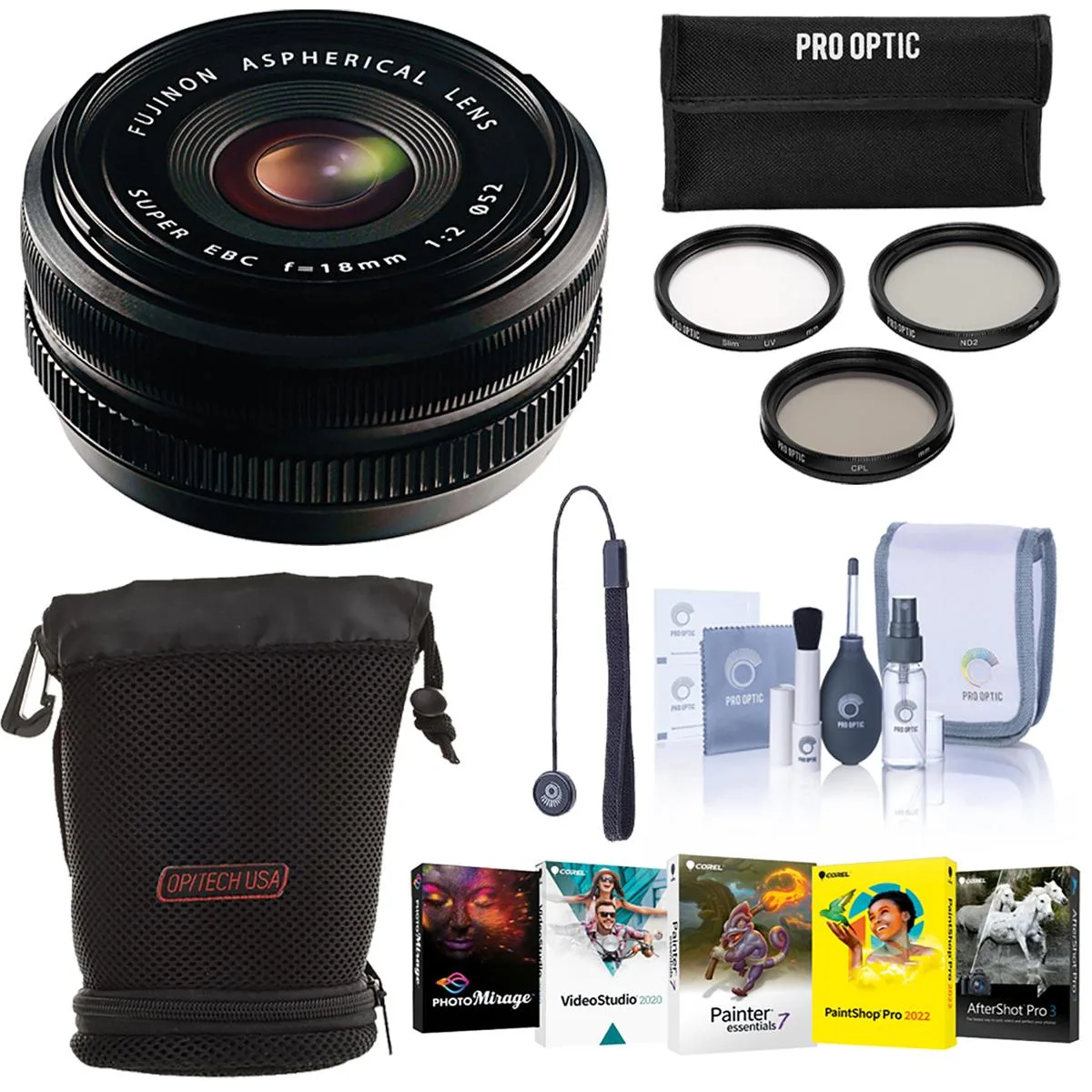 FUJIFILM FUJIFILM XF 18mm f/2.0 camera lens bundle with filter kit, cleaning kit, wrap, case, tether and software — product photo