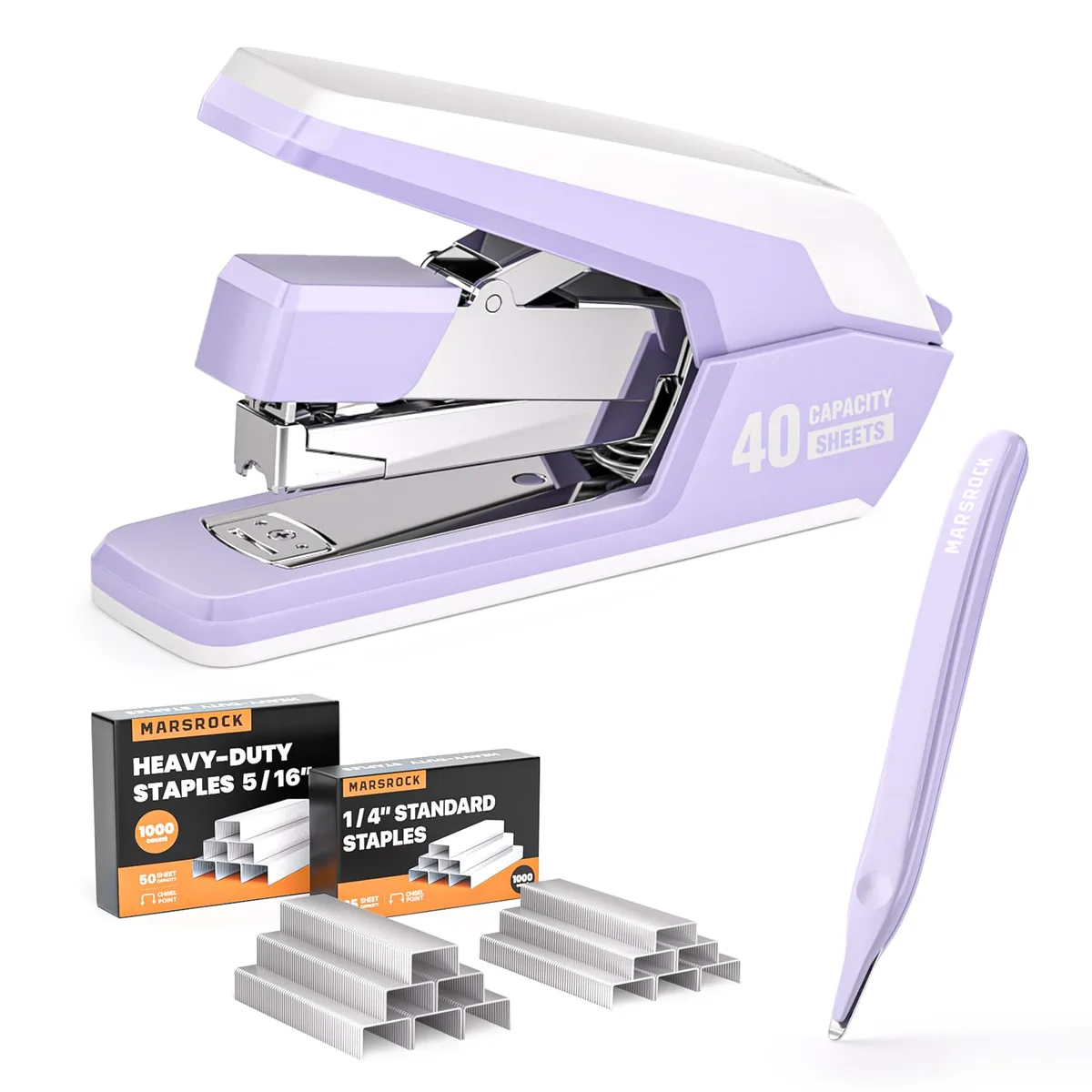 Purple heavy-duty desktop stapler with dual-lever mechanism and non-slip base