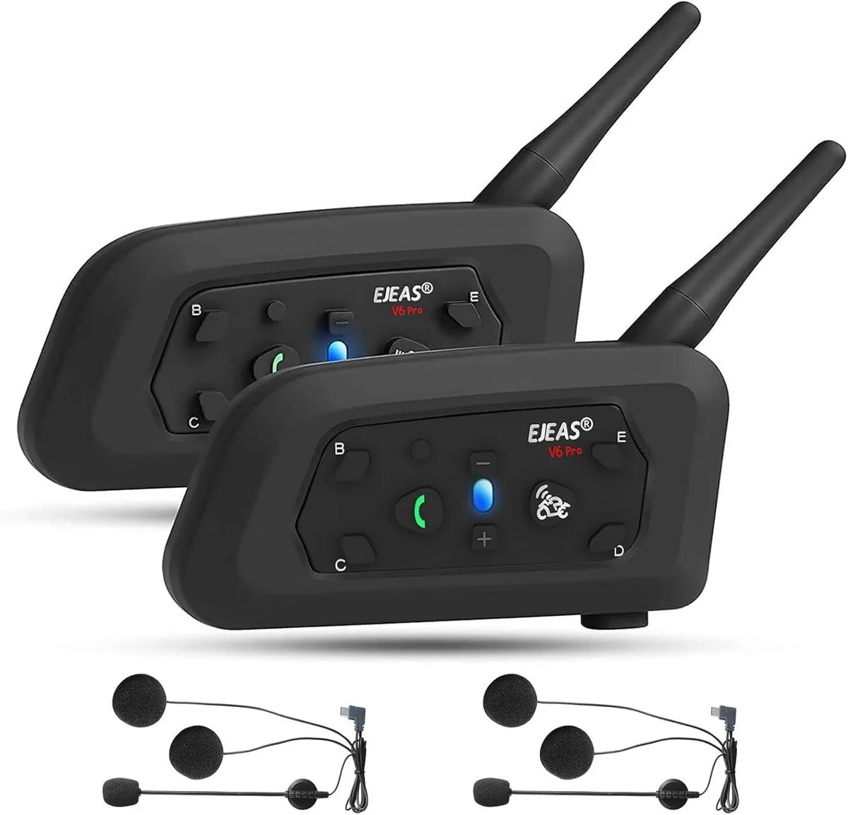 Two black helmet headsets with boom microphones and clip mounts