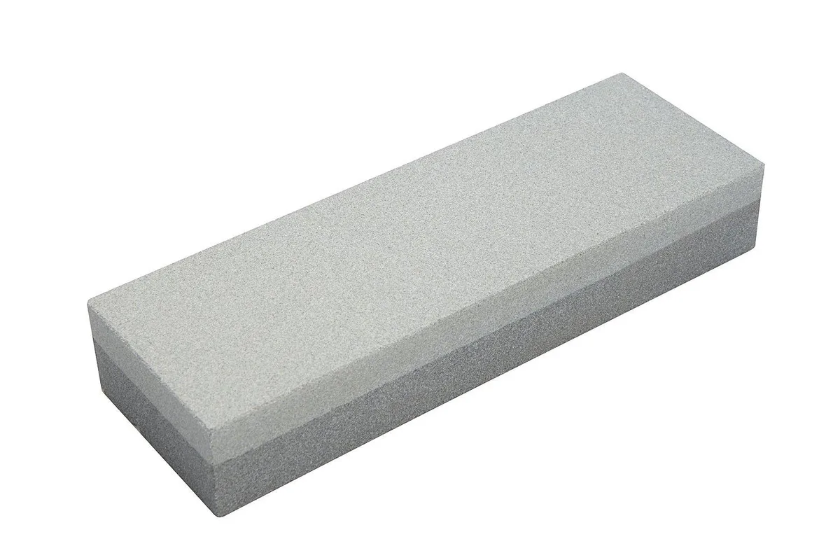 Rectangular grey aluminium oxide stone, 6 by 2 by 1 inches, coarse and fine sides