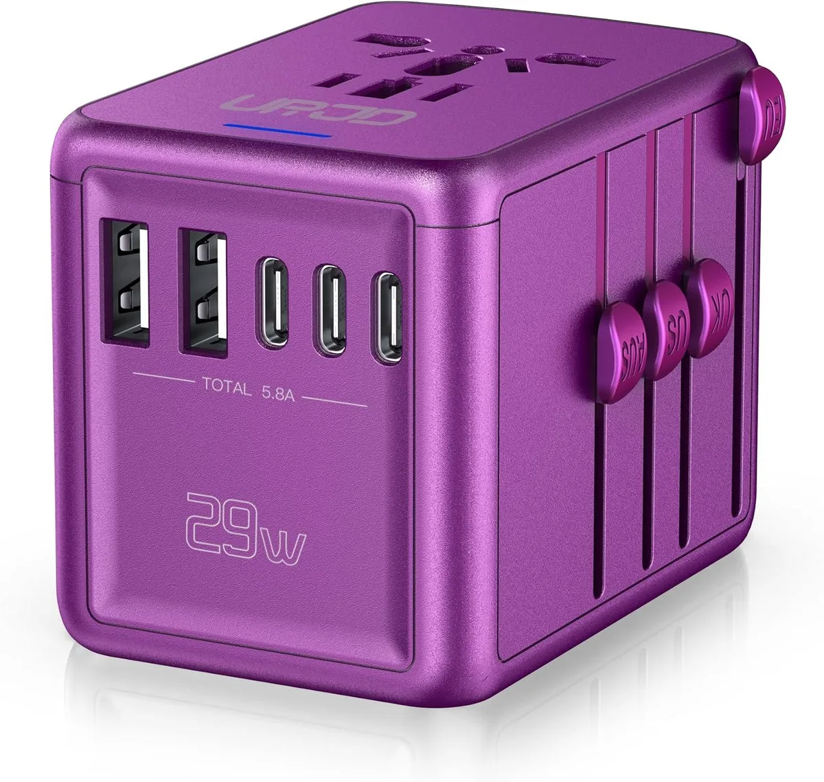 BFKK BFKK International Travel Adapter 5.8A 3×3.0A USB-C 2×2.4A USB-A Purple — product photo