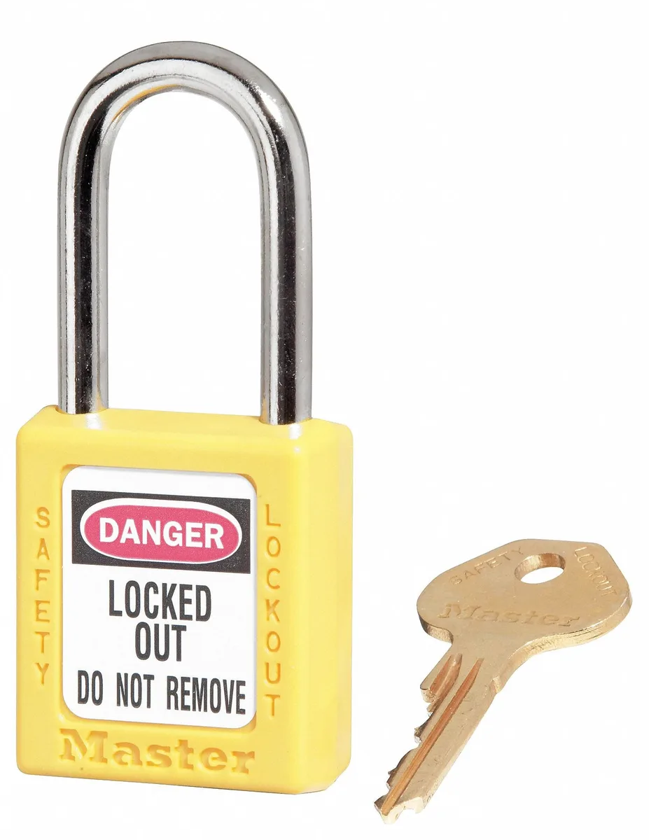 Yellow thermoplastic lockout padlock, steel shackle, keyed alike set of 12