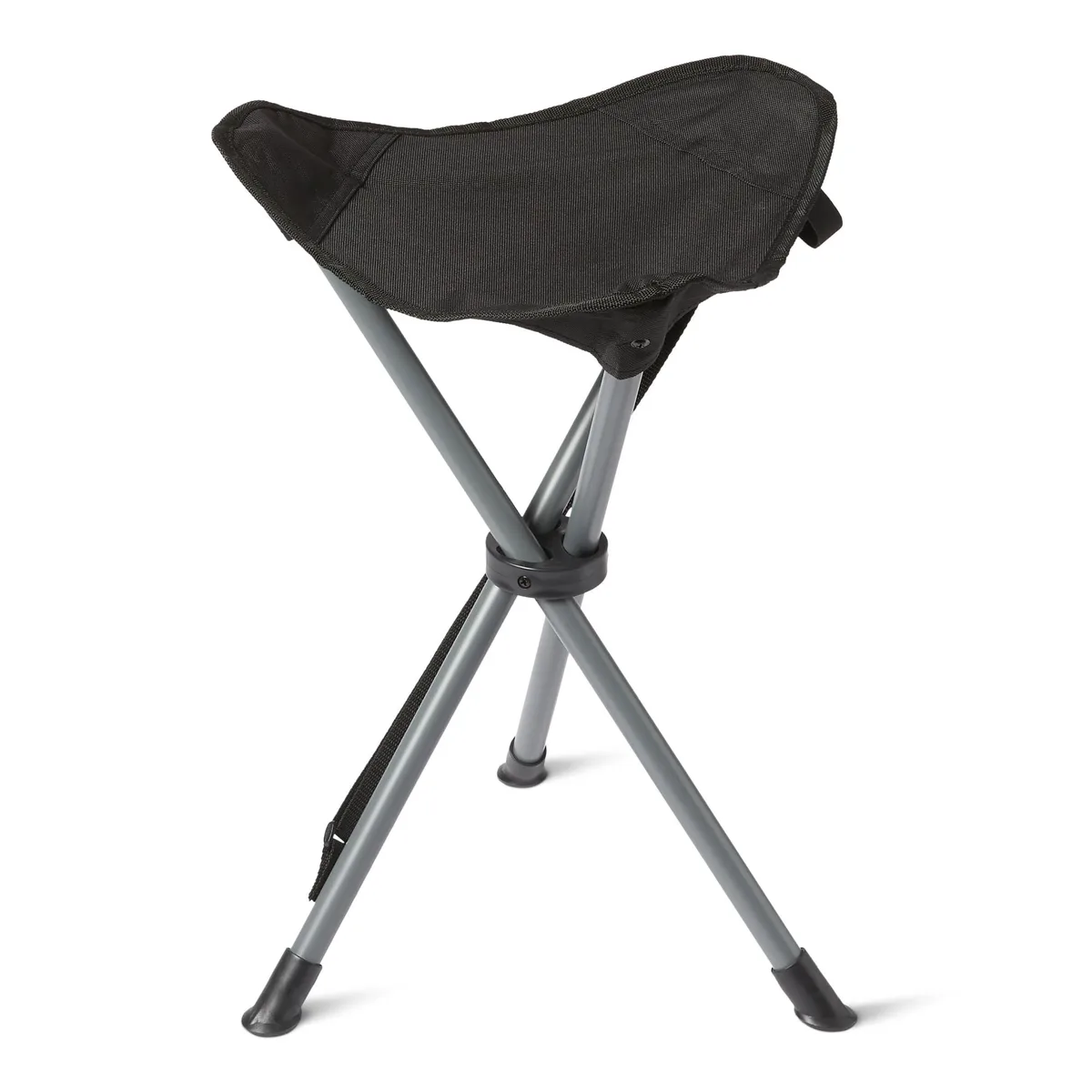Black collapsible tripod stool with fabric seat and carry strap