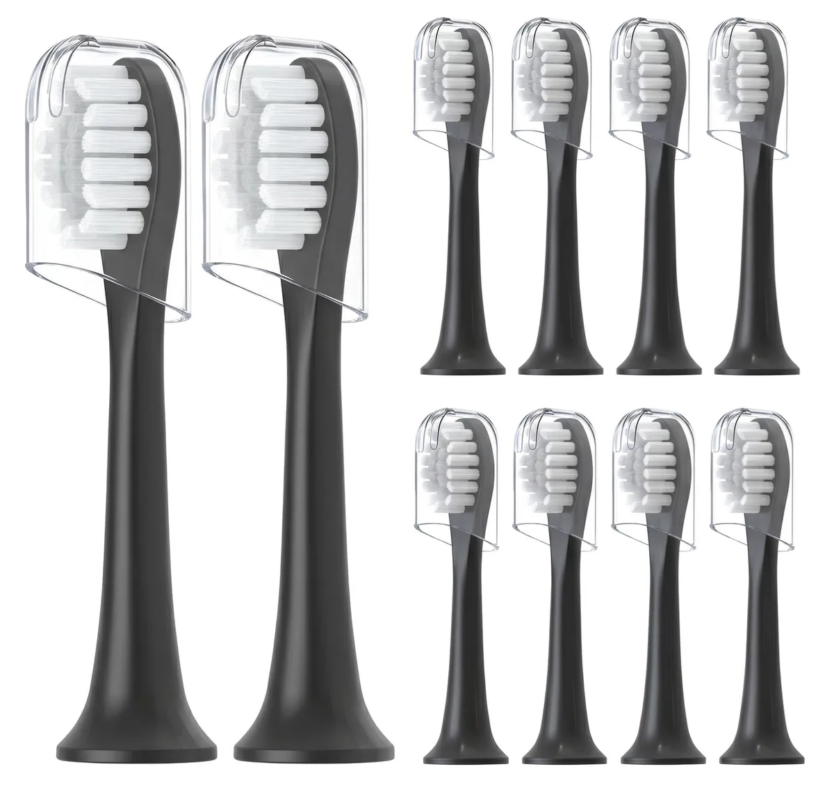 Ten black replacement brush heads in individual wrappers