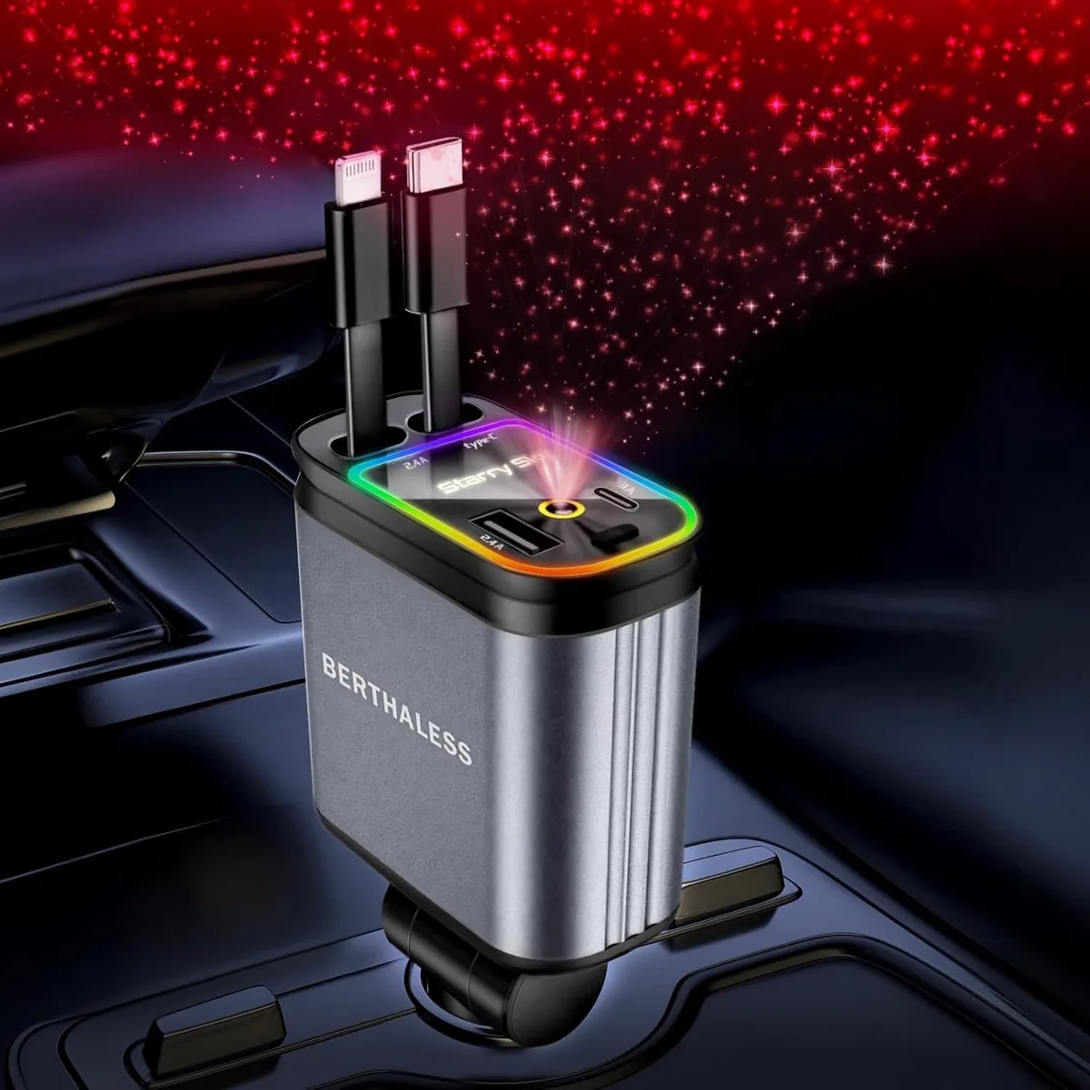 Hamzan Hamzan 4-in-1 Retractable Car Charger USB-C USB-A Red Starry Sky Light — product photo