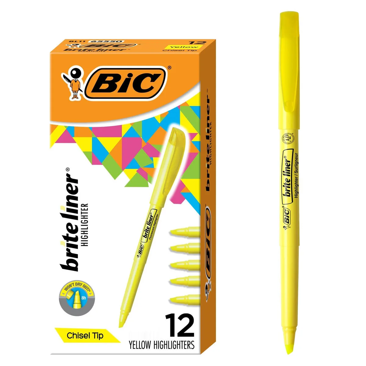 Twelve yellow chisel-tip highlighters in a rectangular pack