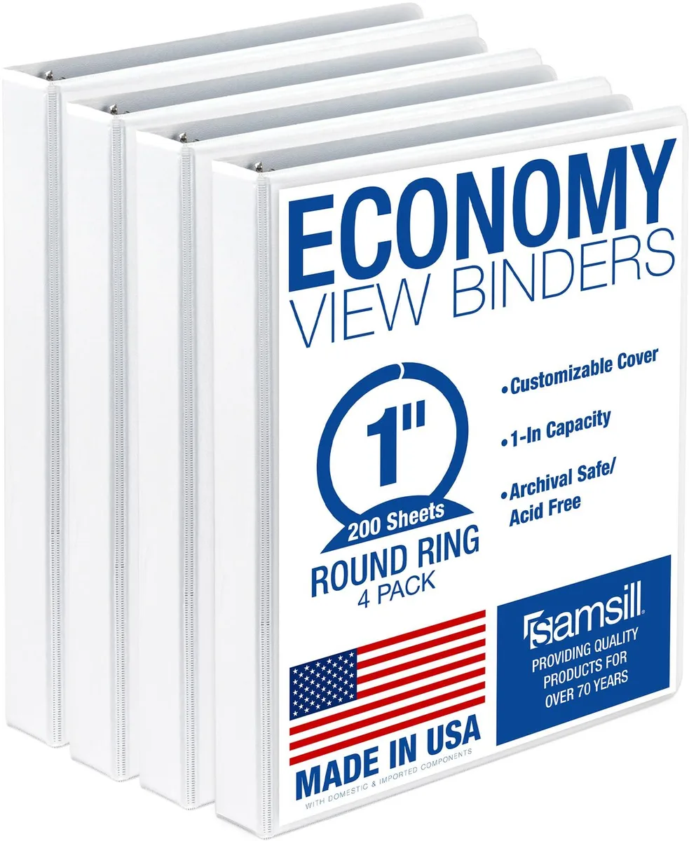 Four white 1-inch binders with clear overlay covers and round rings