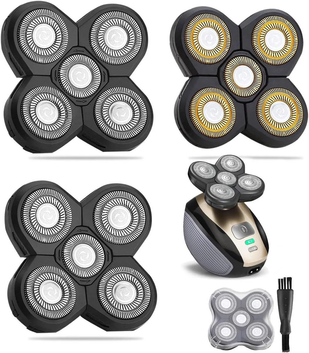 Three replacement shaver heads, one gold and two silver, with five blades each, plus a cleaning brush and protective covers
