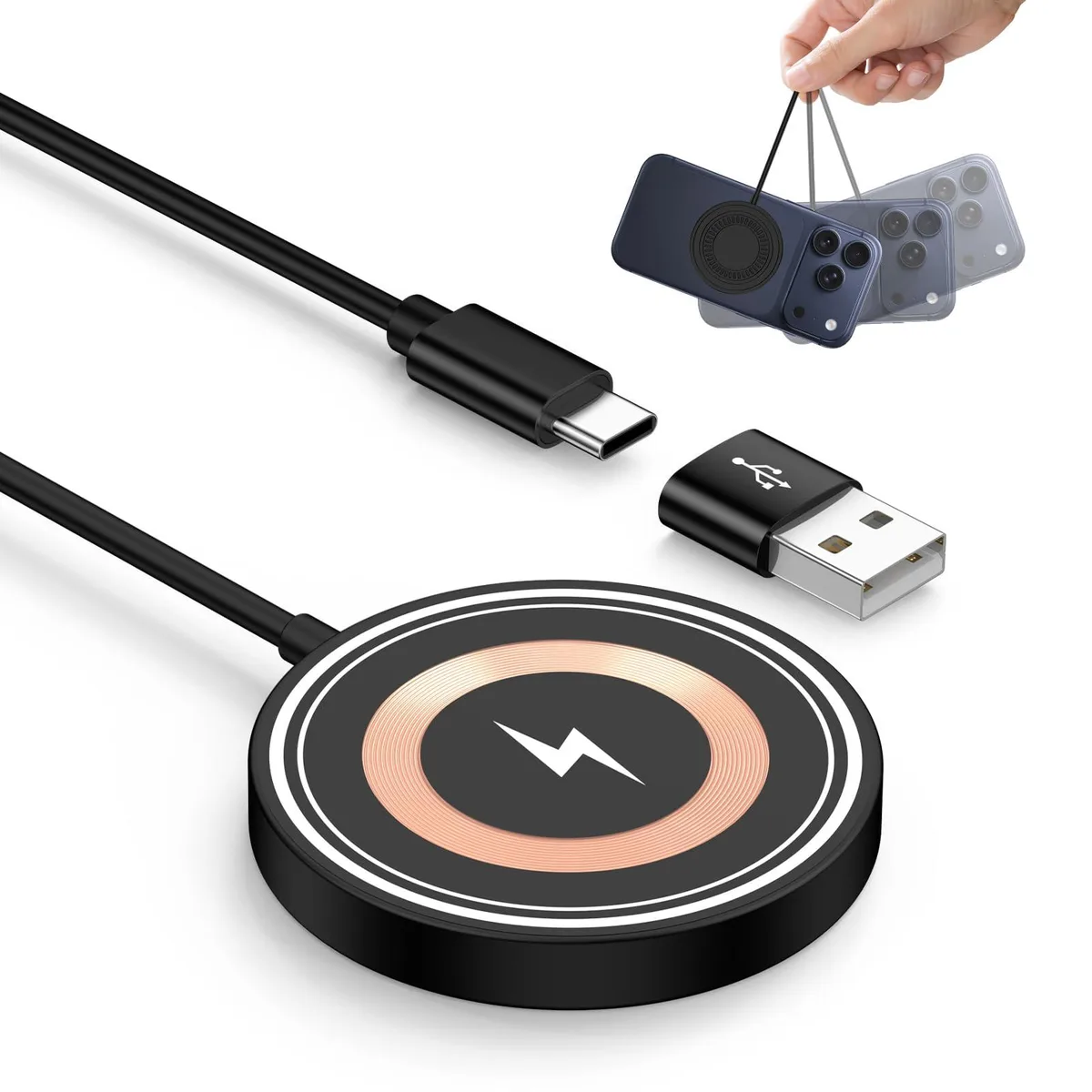  HUHUTa 15W MagSafe Wireless Charger Pad Black USB-C USB-A — product photo