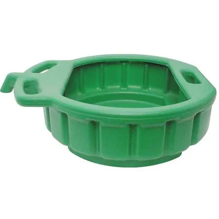 Green plastic radiator drain pan, 4.5-gallon capacity, 15.5-inch wide mouth, molded handles and pour spout