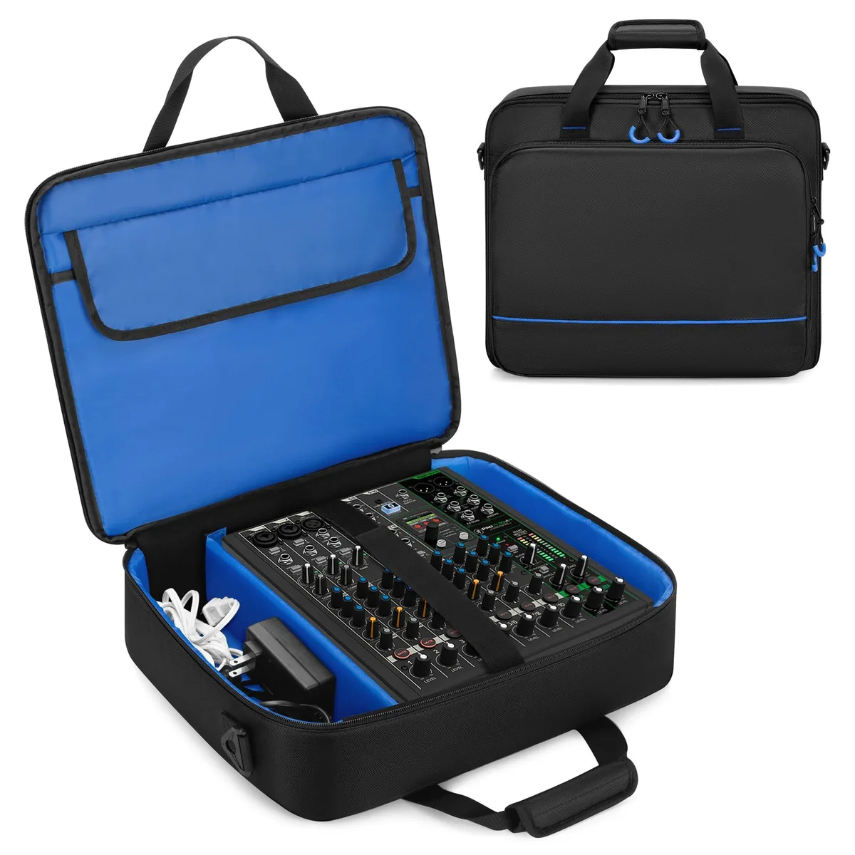Blue nylon mixer travel bag with padded handle and shoulder strap, 16.5 x 14.5 inches