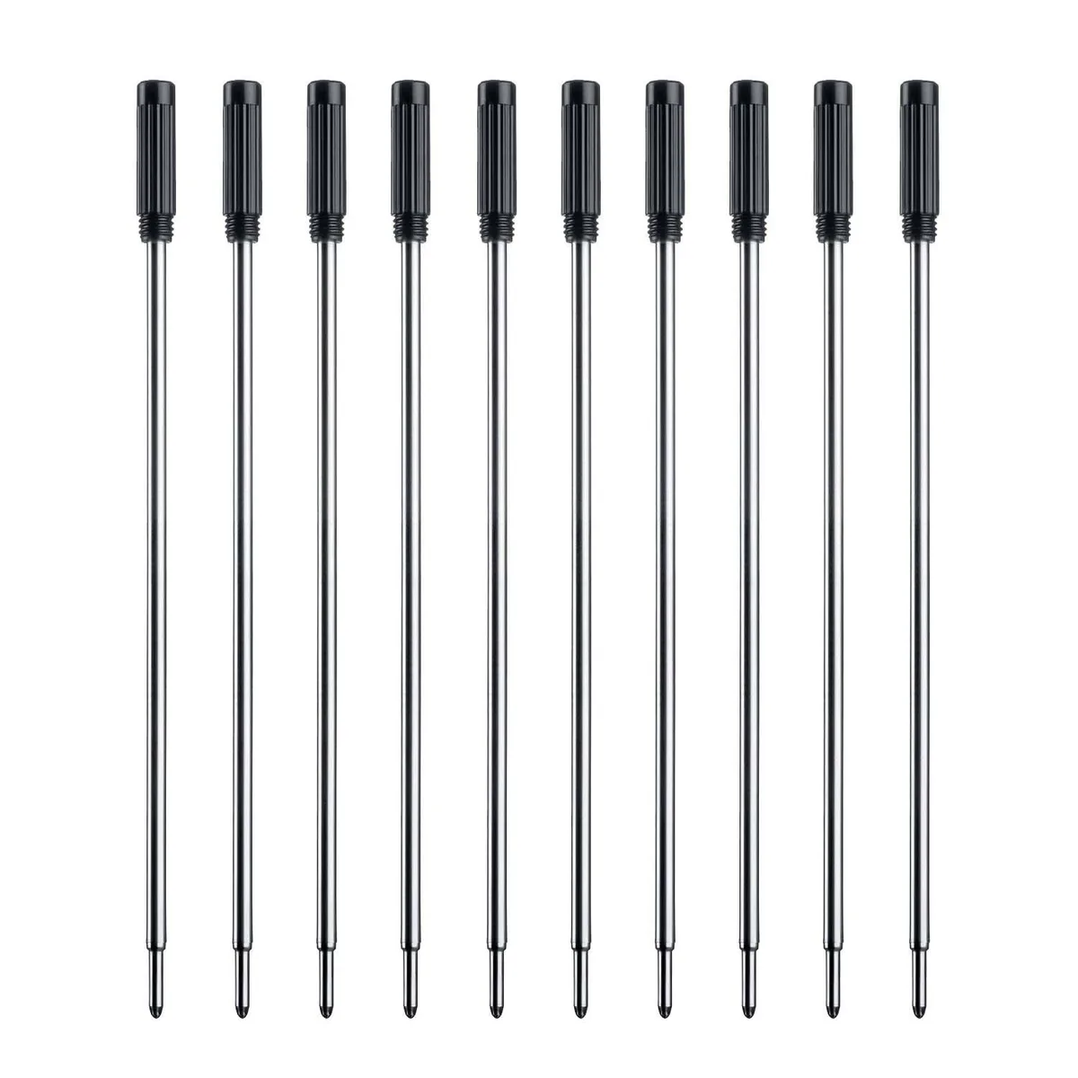 Ten stainless-steel ballpoint refills, 116 mm long with 1 mm medium black tips