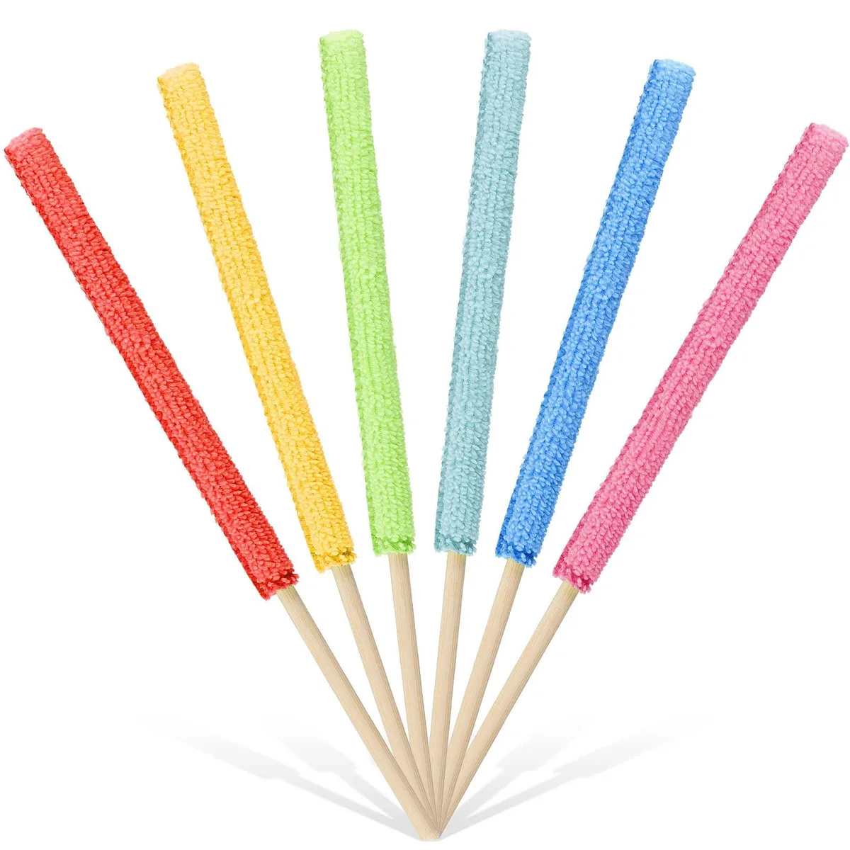 Six microfiber dusters on bamboo sticks in assorted colours