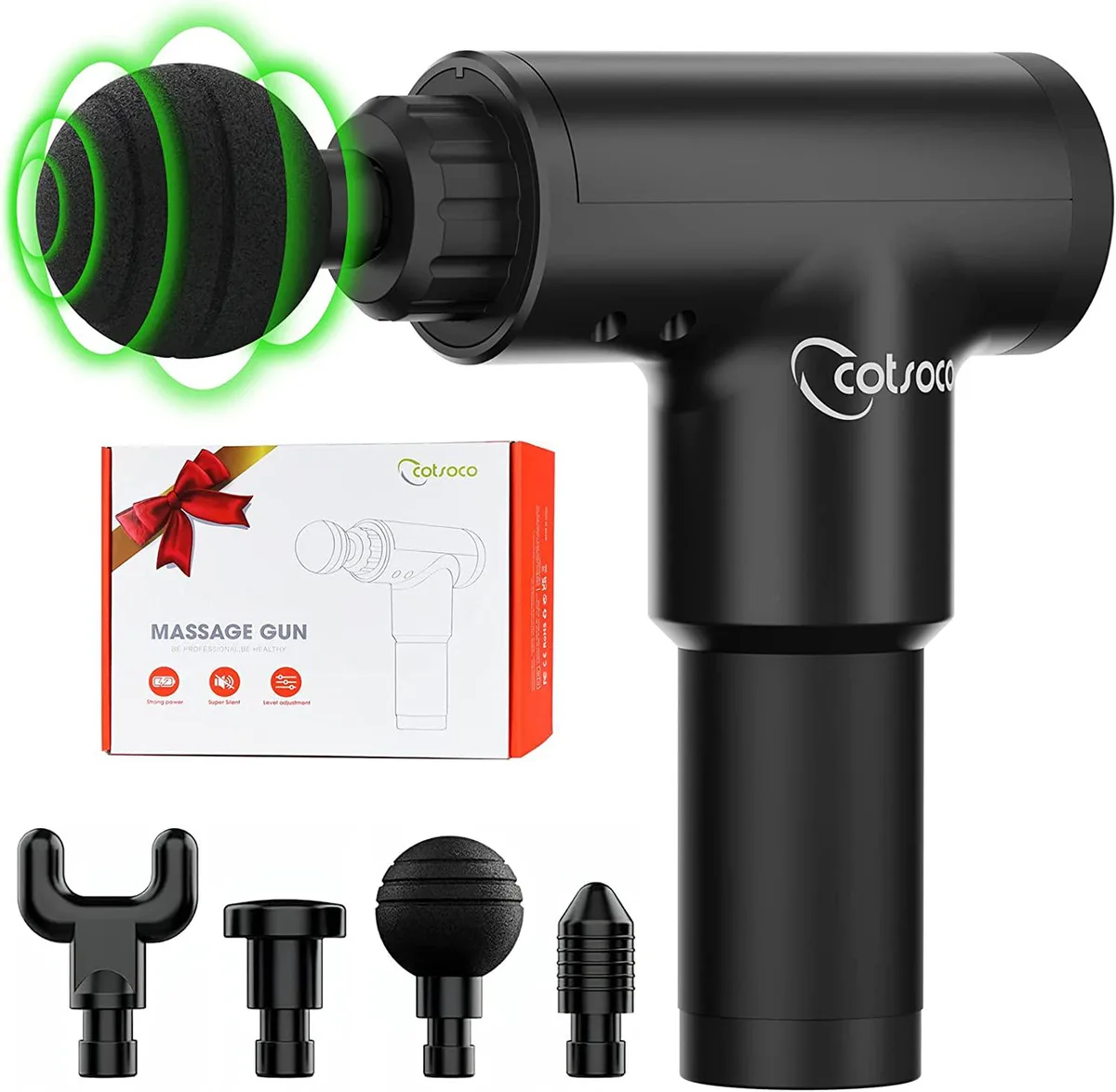 COTSOCO COTSOCO Massage Gun Deep Tissue Black 6 Speed 4 Heads 24V 3600 RPM 2200 mAh 12 mm Amplitude — product photo