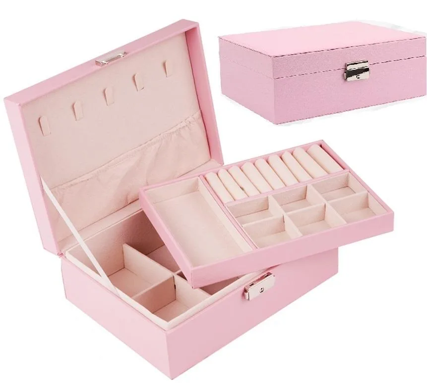 Pink two-layer jewelry organizer box with lock, 6.7 by 3.5 inches