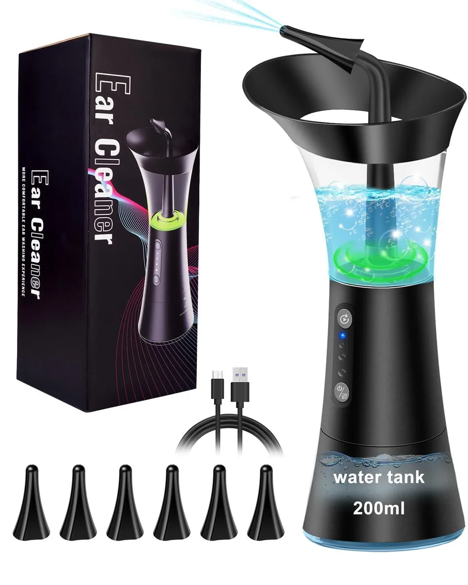 Black electric ear cleaner with irrigation tank and nozzle tips