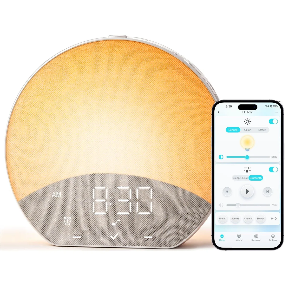 White sunrise alarm clock with rounded display and touch controls