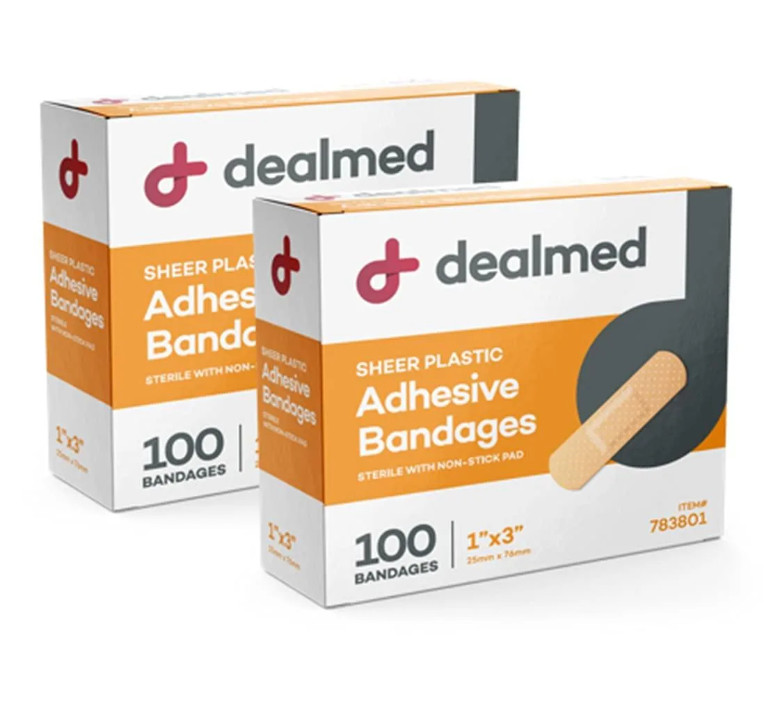 Cardboard box containing 200 sheer plastic adhesive bandages