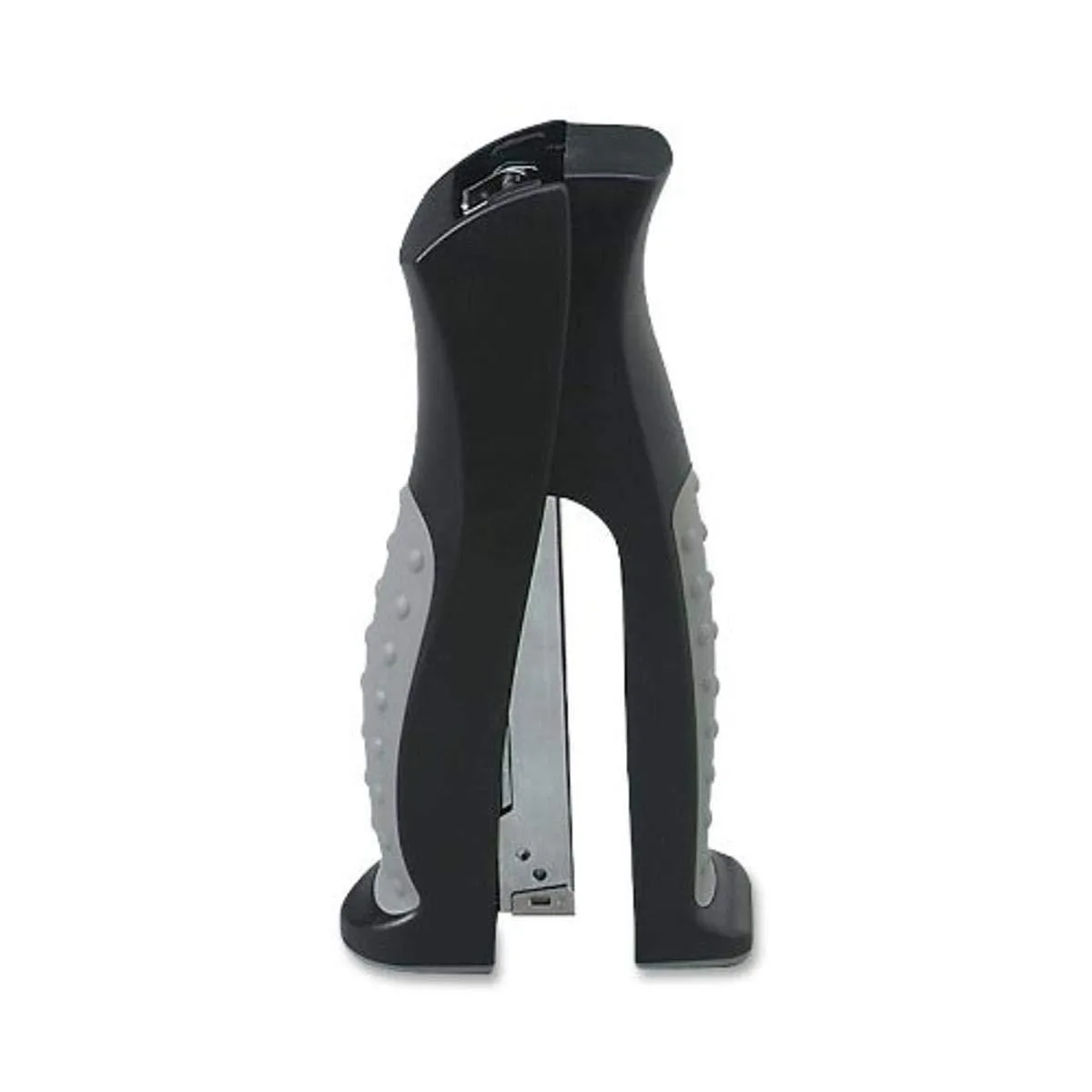 Black and grey ergonomic stand-up stapler with comfort grips, metal body, rotating anvil, upright on desk
