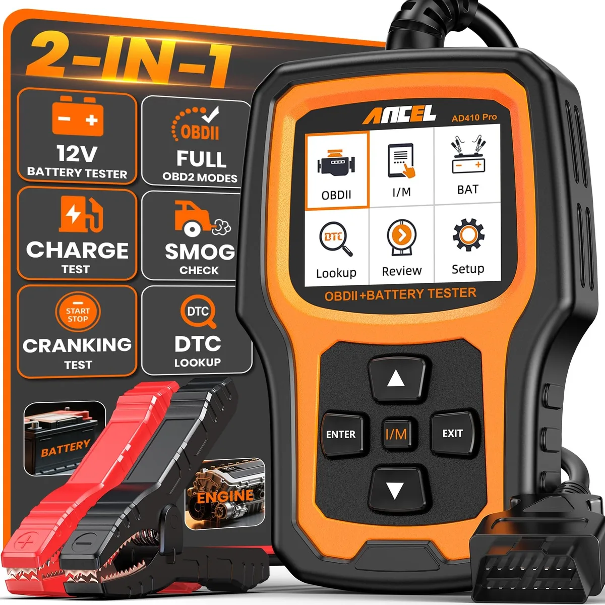 Handheld Ancel AD410 PRO OBD2 scanner and battery tester, dark plastic body with colour screen and attached cable