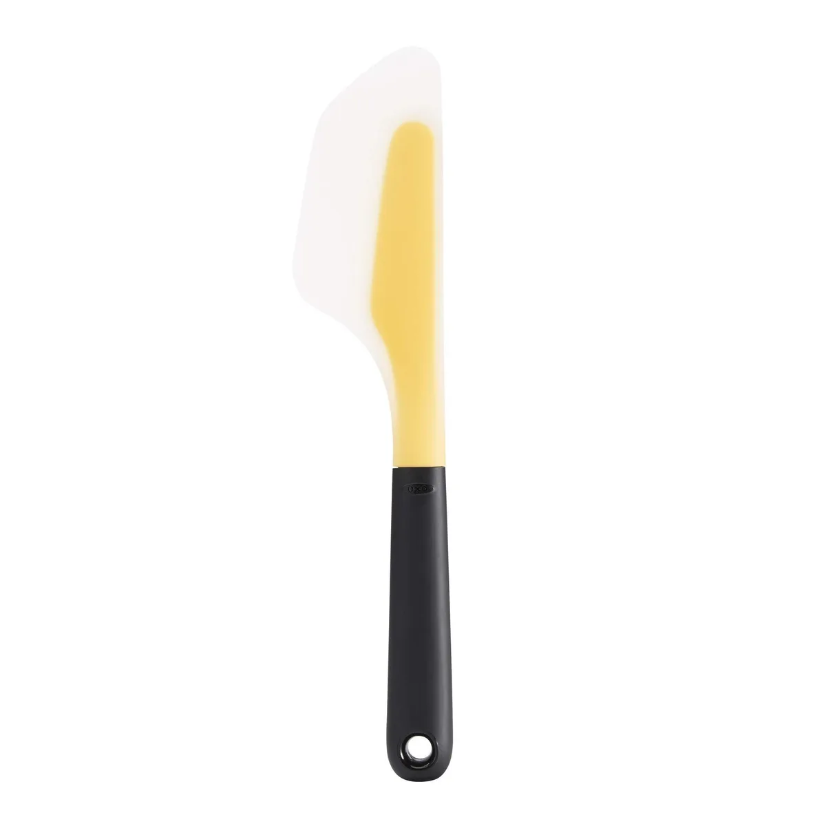 Yellow and black silicone omelet turner with soft grip handle, 12 inches long